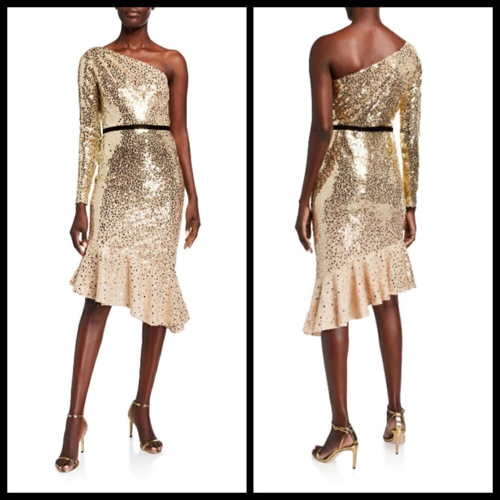 💕MARCHESA NOTTE💕 Glitter Ruffle Asymmetric Cocktail Dress ~ Champagne 2 NWT